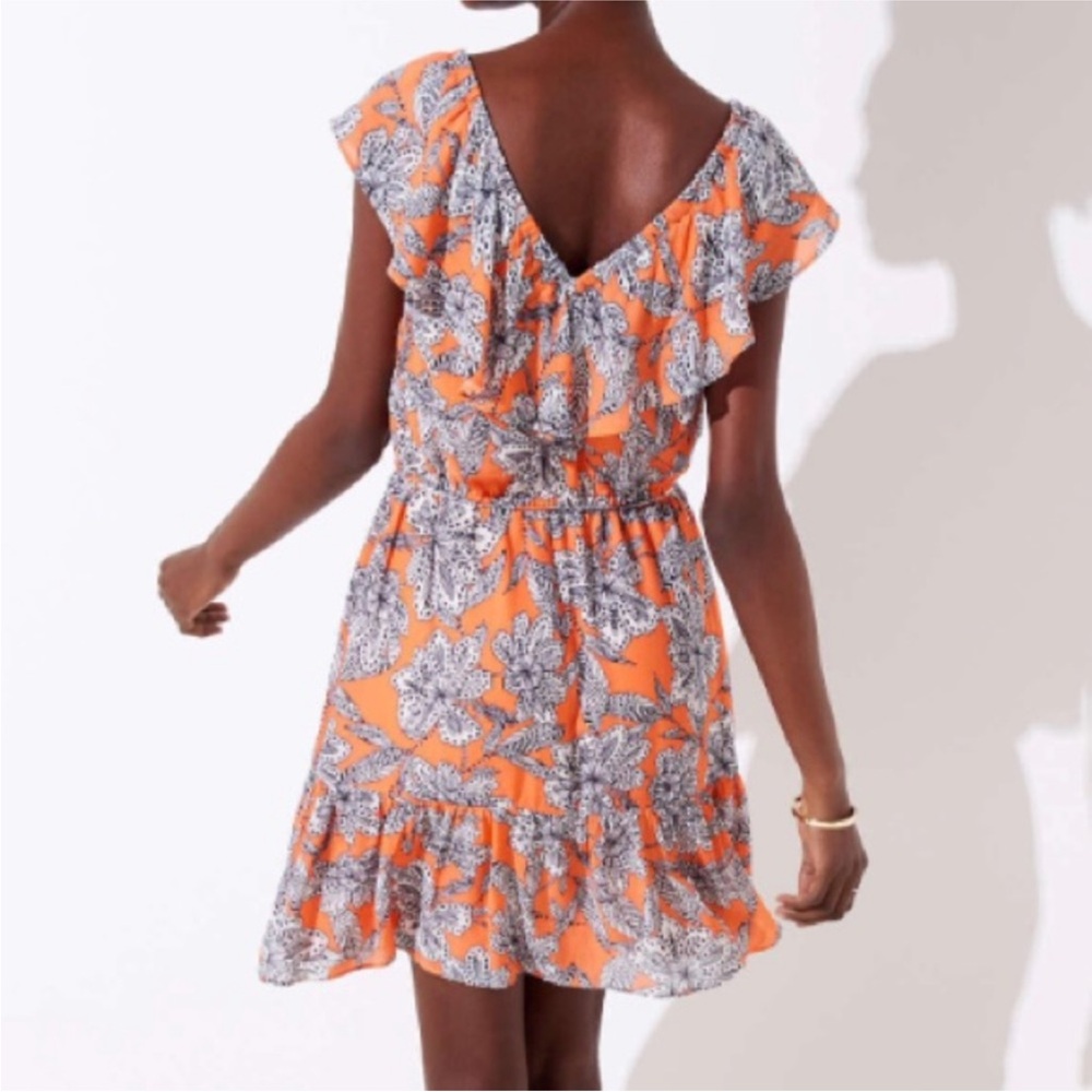 SALE! LOFT Dress XS Orange Black White Floral Mini Retro Ruffle Elastic Neckline - Picture 2 of 16